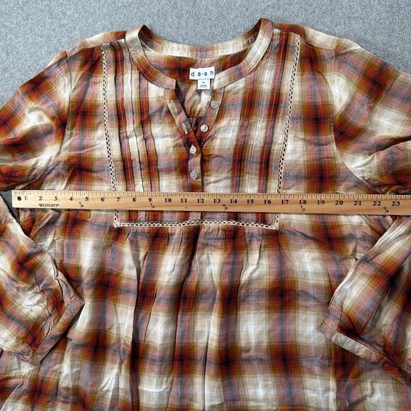 Da-sh Plaid Peasant Blouse Women's XL Long Sleeve Orange Cream Red Boho Button - Picture 6 of 8